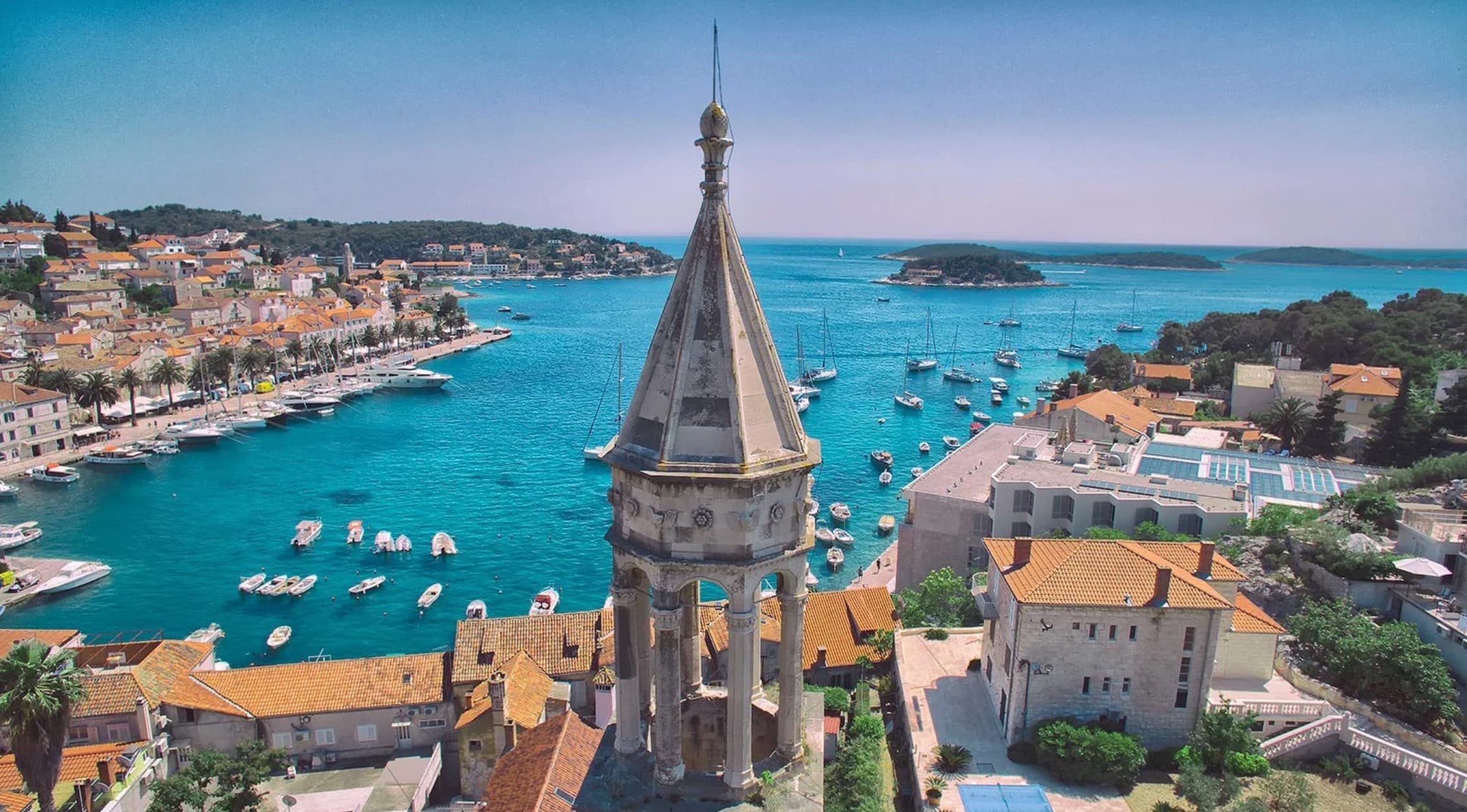 Historic Diocletian's Palace waterfront in Split with palm trees and cafes