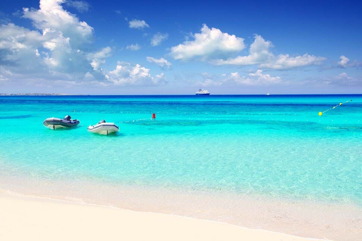 Turquoise waters and white sand beach of Formentera near Ibiza