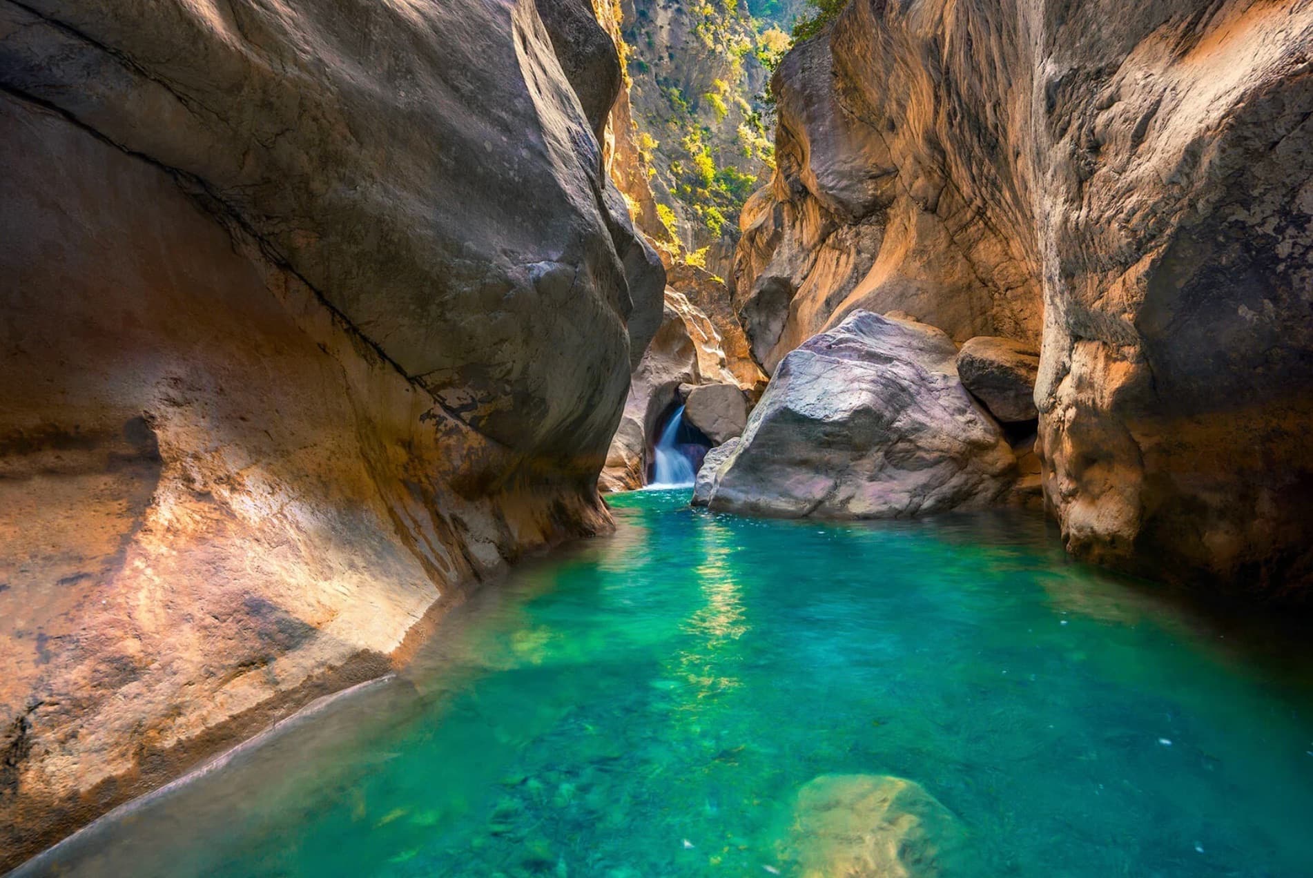 Panoramic view of Gocek marina with yachts and green mountains